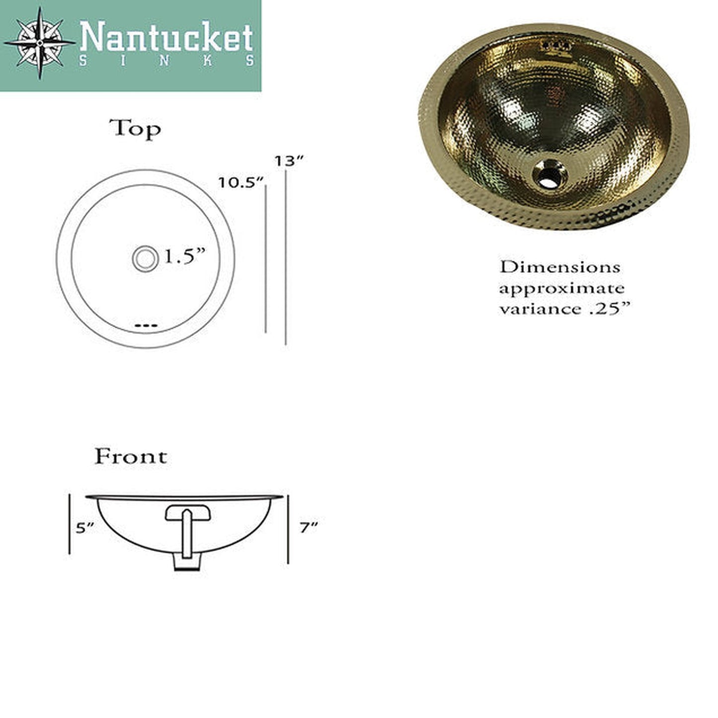 Nantucket Sinks Brightwork Home 13" Round Hand Hammered Polished Brass Undermount Sink With Overflow