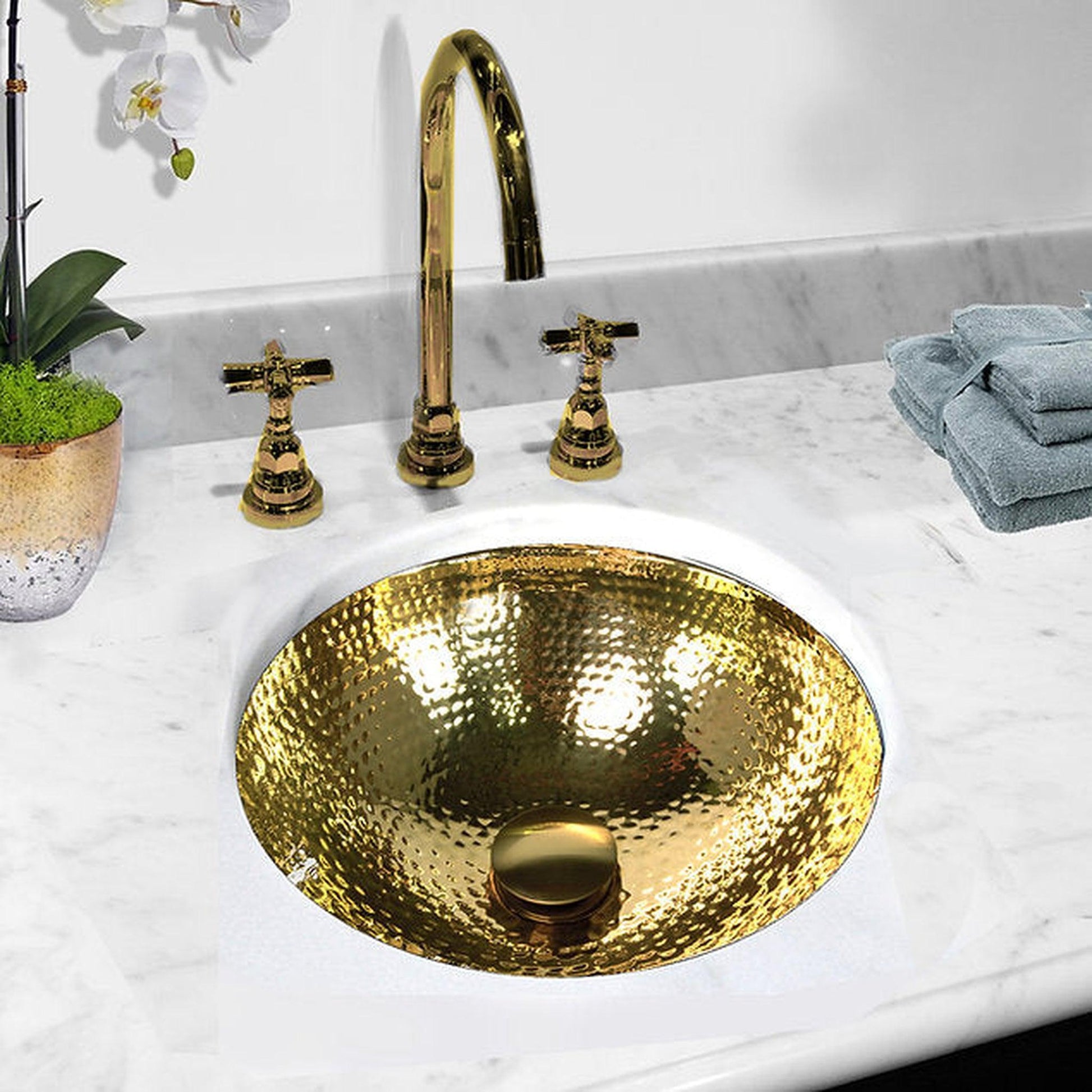 Nantucket Sinks Brightwork Home 13" Round Hand Hammered Polished Brass Undermount Sink With Overflow