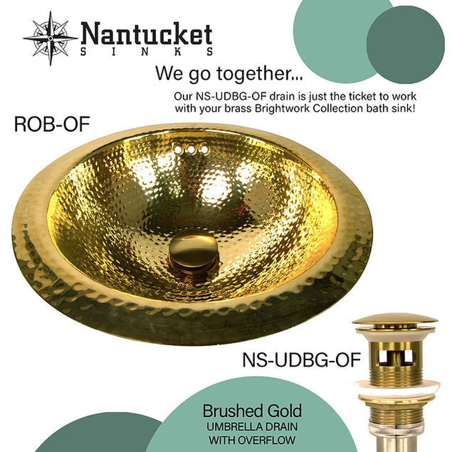 Nantucket Sinks Brightwork Home 13" Round Hand Hammered Polished Brass Undermount Sink With Overflow