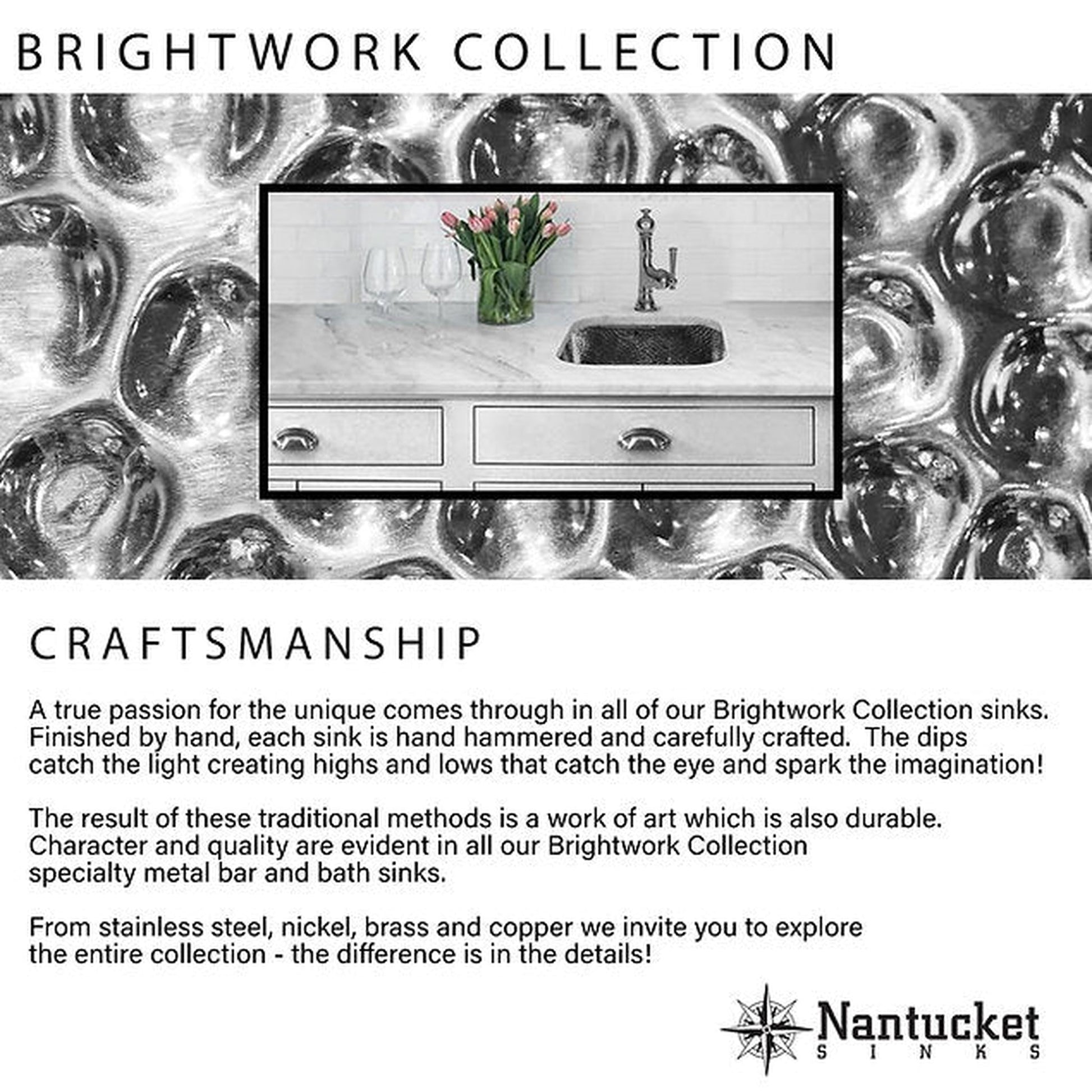 Nantucket Sinks Brightwork Home 20" W x 13" D" Rectangular Hand Hammered Polished Stainless Steel Dualmount Sink