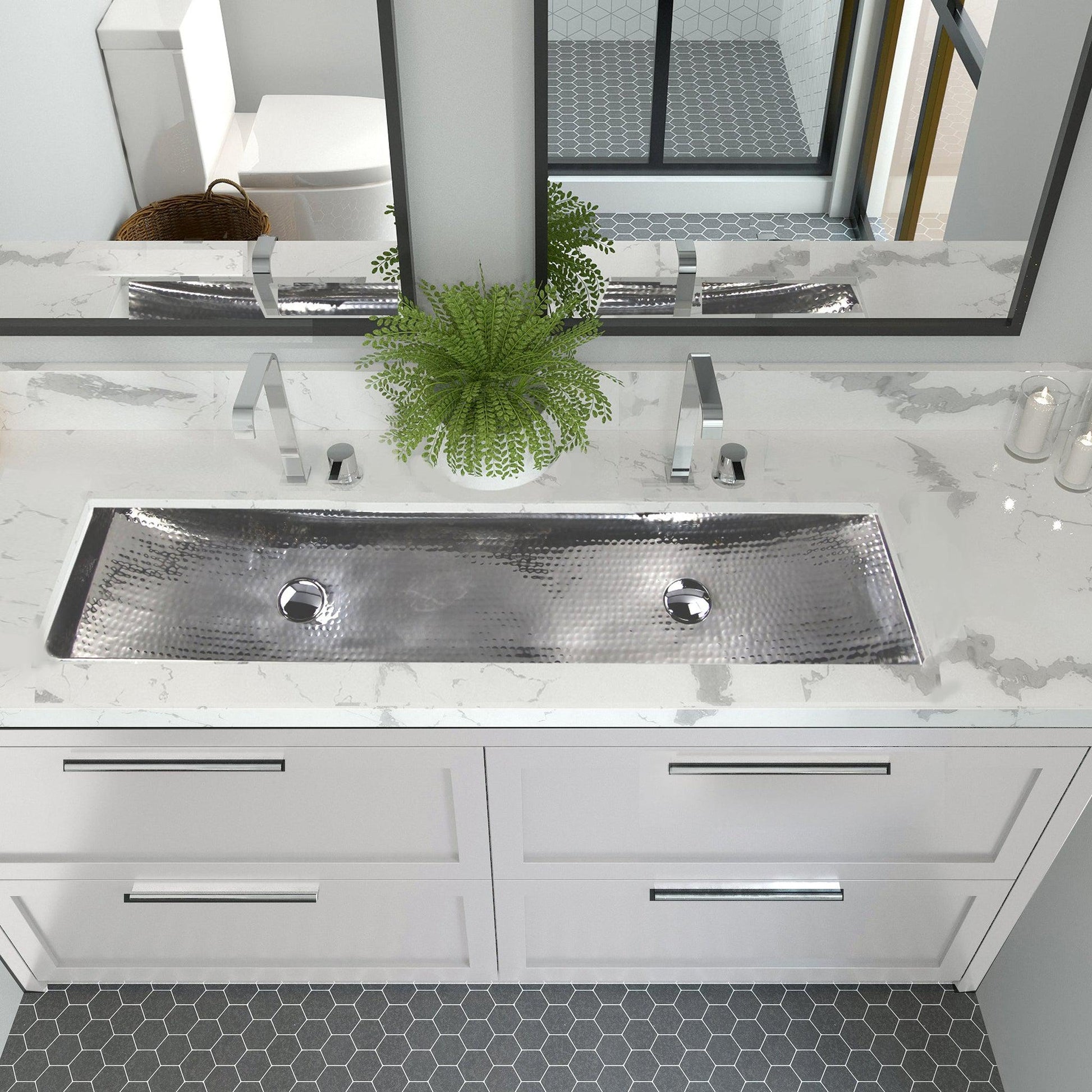 Nantucket Sinks Brightwork Home 48" W x 11" D" Rectangular Hand Hammered Polished Stainless Steel Double Trough Undermount Sink With Overflow