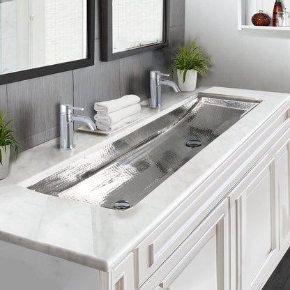 Nantucket Sinks Brightwork Home 48" W x 11" D" Rectangular Hand Hammered Polished Stainless Steel Double Trough Undermount Sink With Overflow