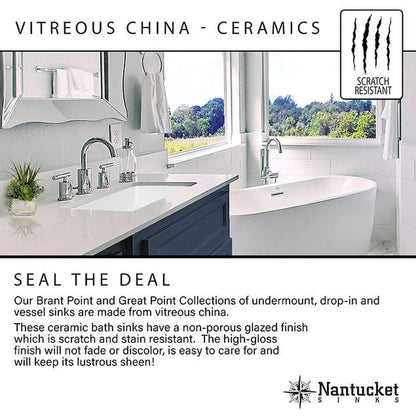 Nantucket Sinks Great Point 15" W x 12" D Oval Glazed Bottom Undermount White Ceramic Vanity Sink