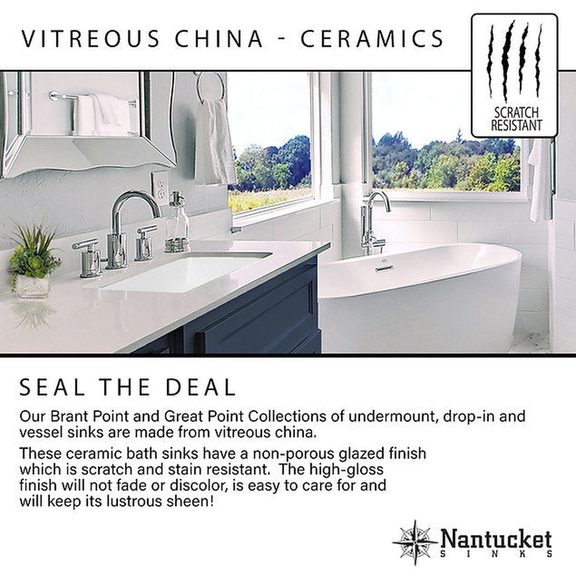 Nantucket Sinks Great Point 18" W x 12" D Rectangular Glazed Bottom Undermount White Ceramic Vanity Sink With Overflow