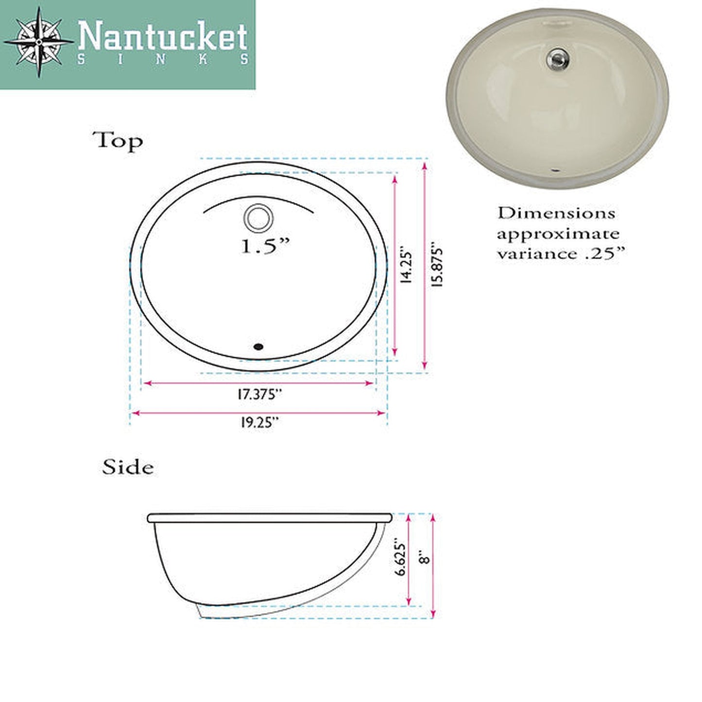 Nantucket Sinks Great Point 20" W x 16" D Oval Porcelain Enamel Glaze Undermount Ceramic Sink In Bisque With Oveflow