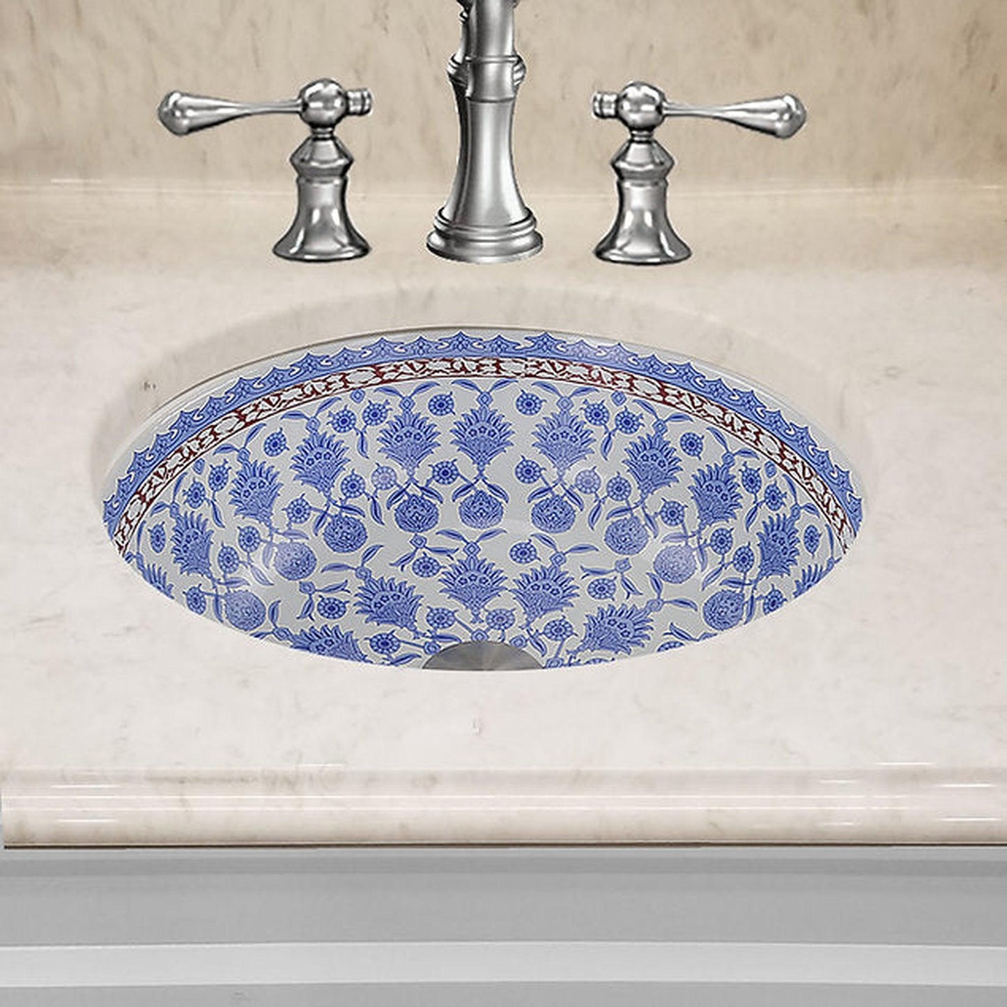 Nantucket Sinks Regatta 16 W" x 16" D Santorini Italian Fireclay Round Glazed White With Blue Interior Pattern Undermount Vanity Sink