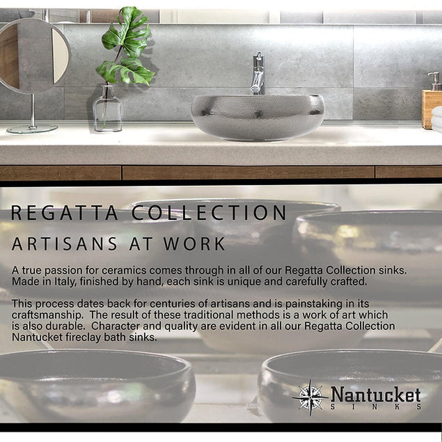 Nantucket Sinks Regatta 17" Round Glazed Matte Black and Gold Drake Fireclay Hand Decorated Vessel Sink