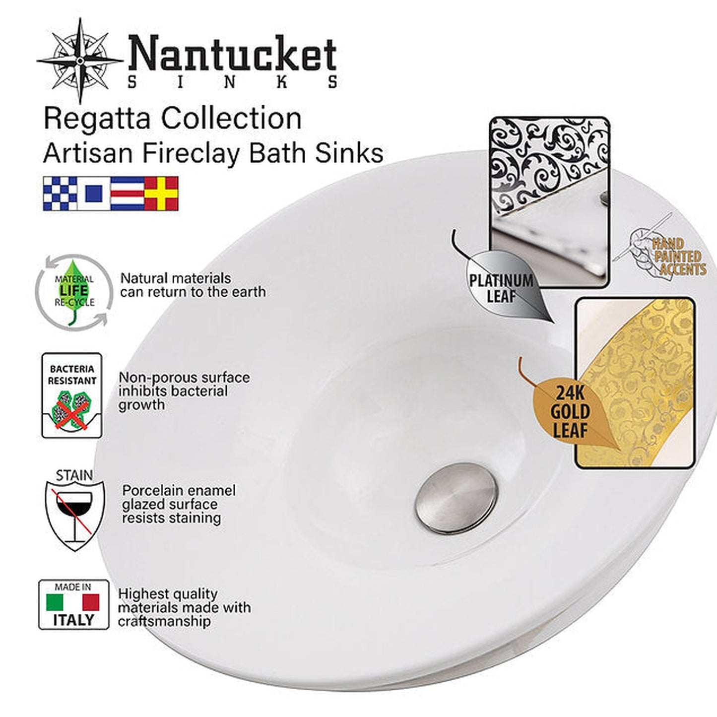 Nantucket Sinks Regatta 17" Round Glazed White and Gold Drake Fireclay Hand Decorated Vessel Sink