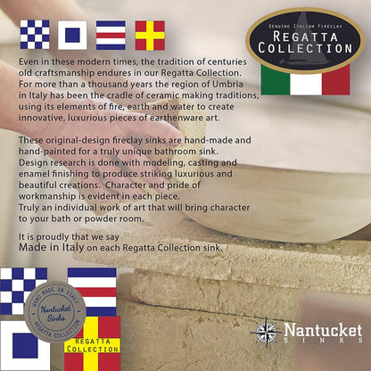 Nantucket Sinks Regatta 17" Round Glazed White and Gold Drake Fireclay Hand Decorated Vessel Sink