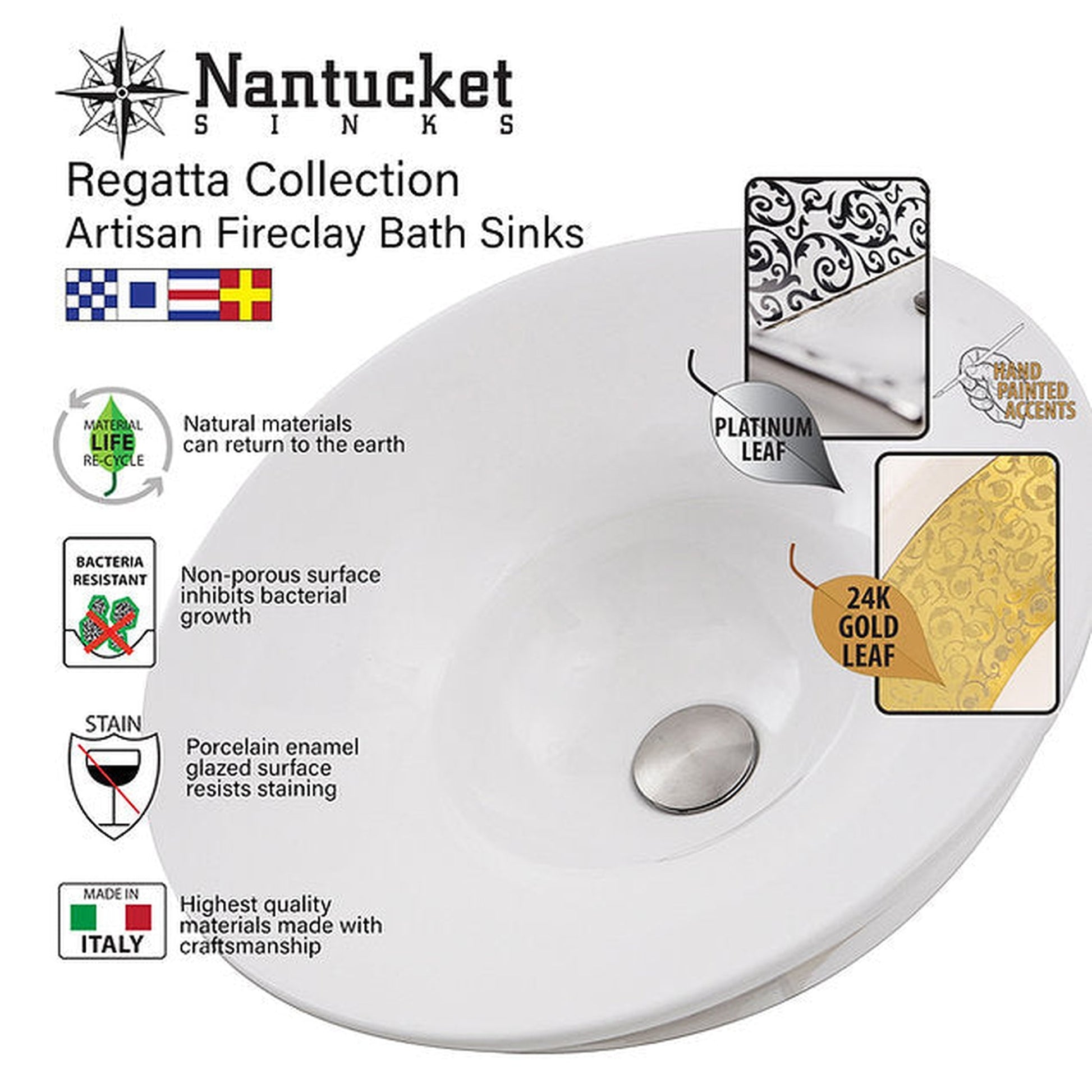 Nantucket Sinks Regatta 18" Dinard Italian Fireclay Round Glazed White Semi Recessed Vanity Sink