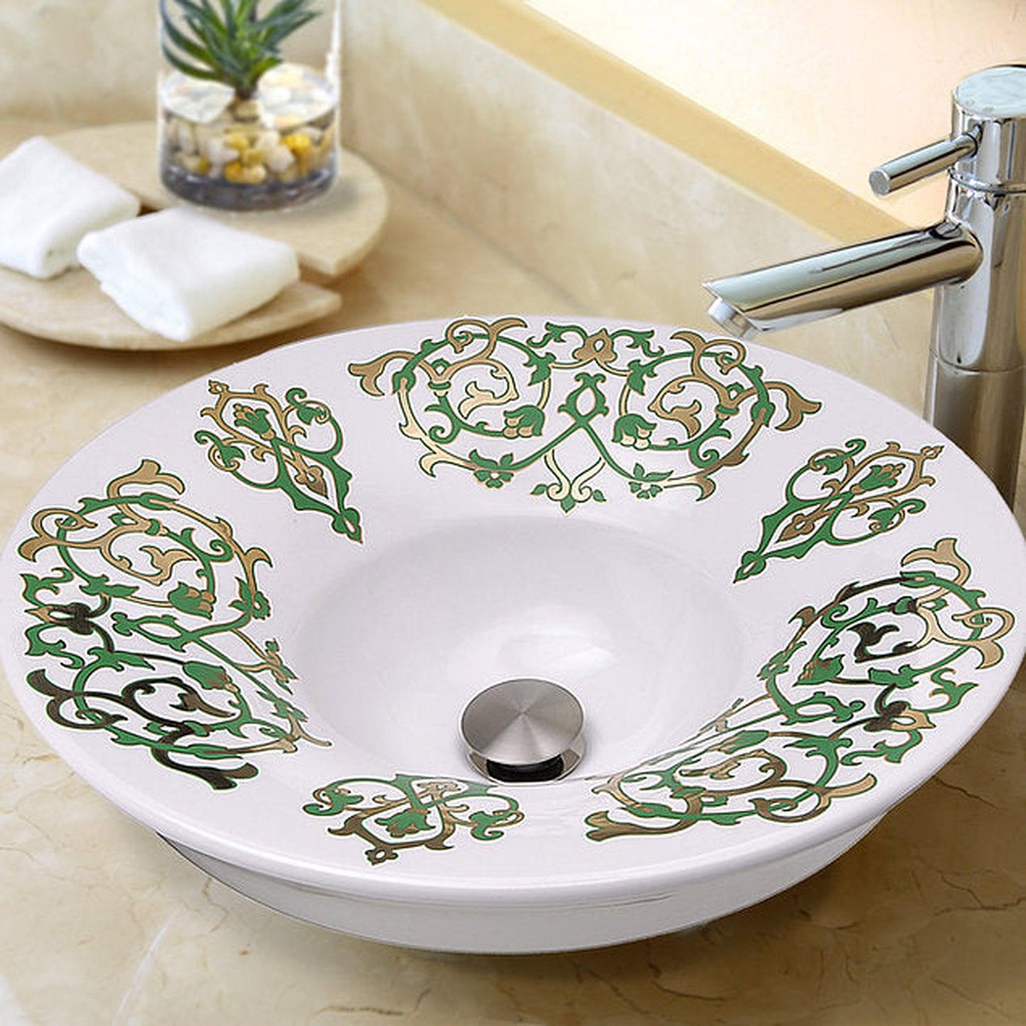 Nantucket Sinks Regatta 18" Lugano Italian Fireclay Round Glazed Hand Decorated 24K Gold Leaf Accent Semi Recessed Vanity Sink