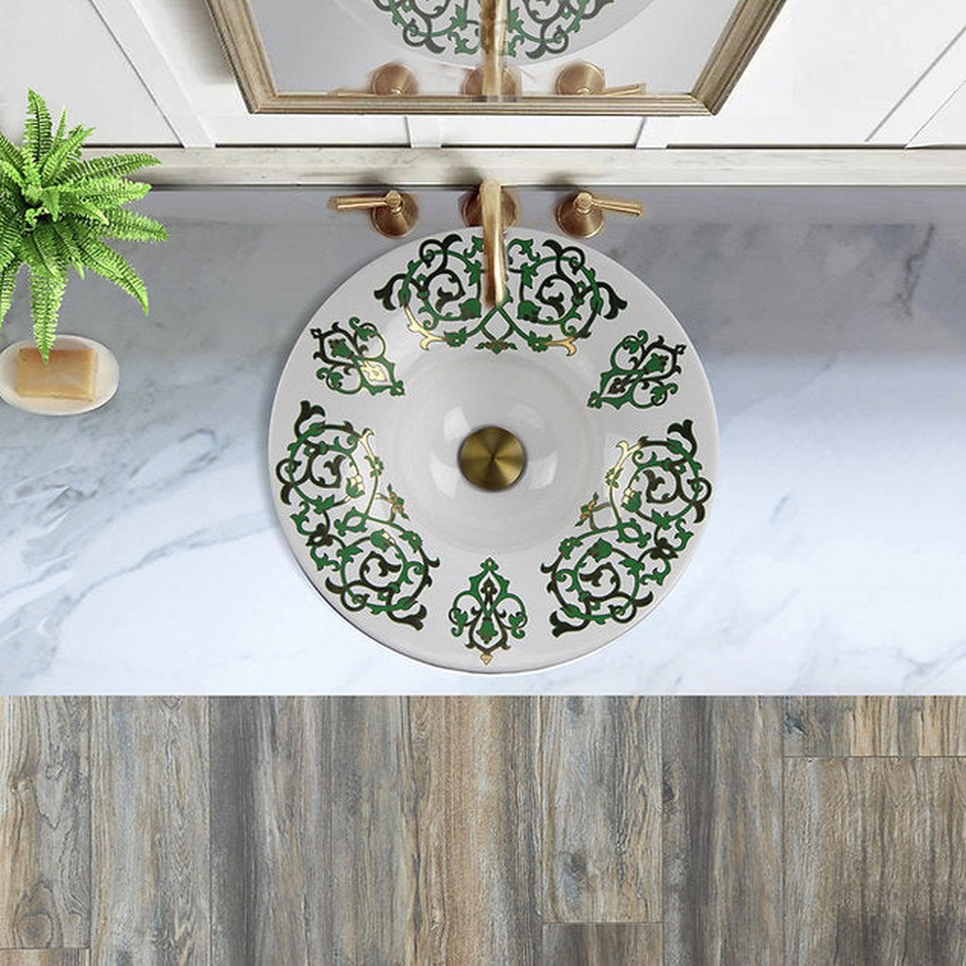 Nantucket Sinks Regatta 18" Lugano Italian Fireclay Round Glazed Hand Decorated 24K Gold Leaf Accent Semi Recessed Vanity Sink