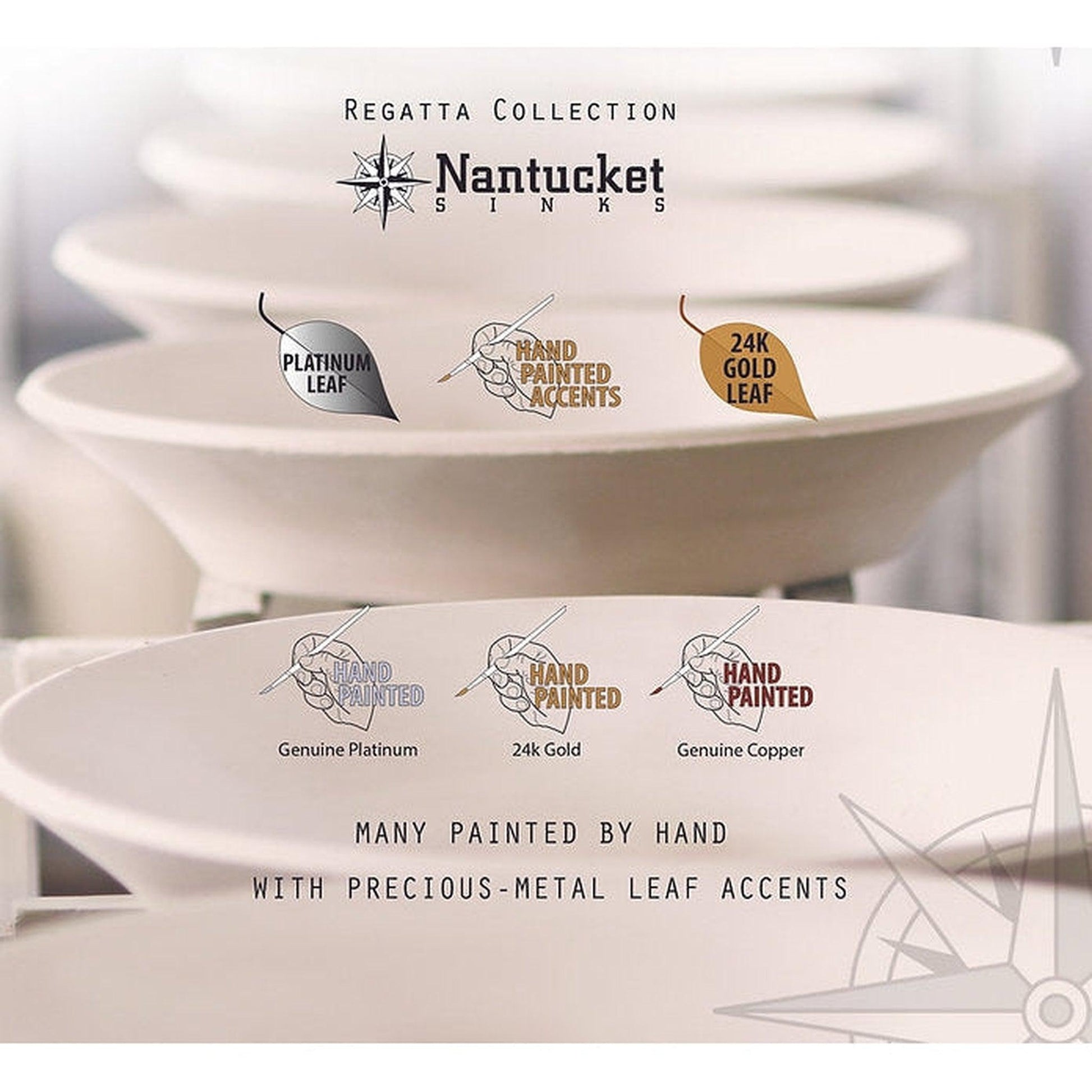 Nantucket Sinks Regatta 18" Lugano Italian Fireclay Round Glazed Hand Decorated 24K Gold Leaf Accent Semi Recessed Vanity Sink