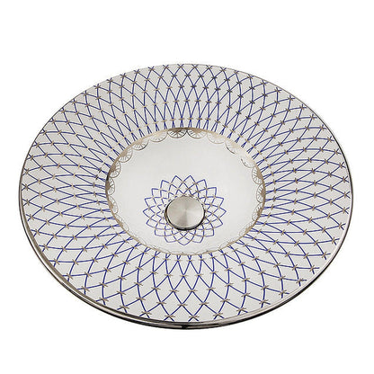 Nantucket Sinks Regatta 18" St. Tropez Italian Fireclay Round Glazed White Blue Semi Recessed Vanity Sink