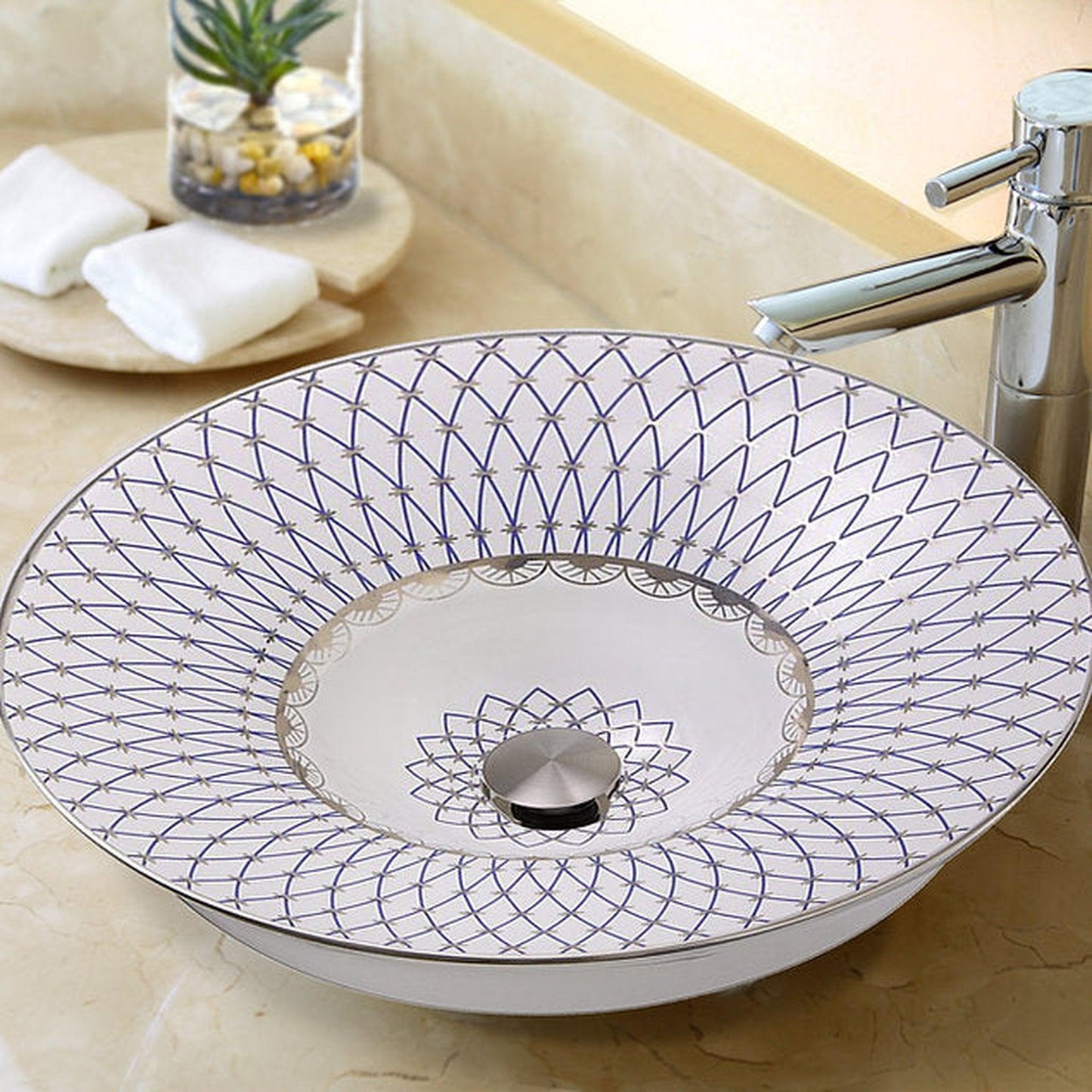 Nantucket Sinks Regatta 18" St. Tropez Italian Fireclay Round Glazed White Blue Semi Recessed Vanity Sink