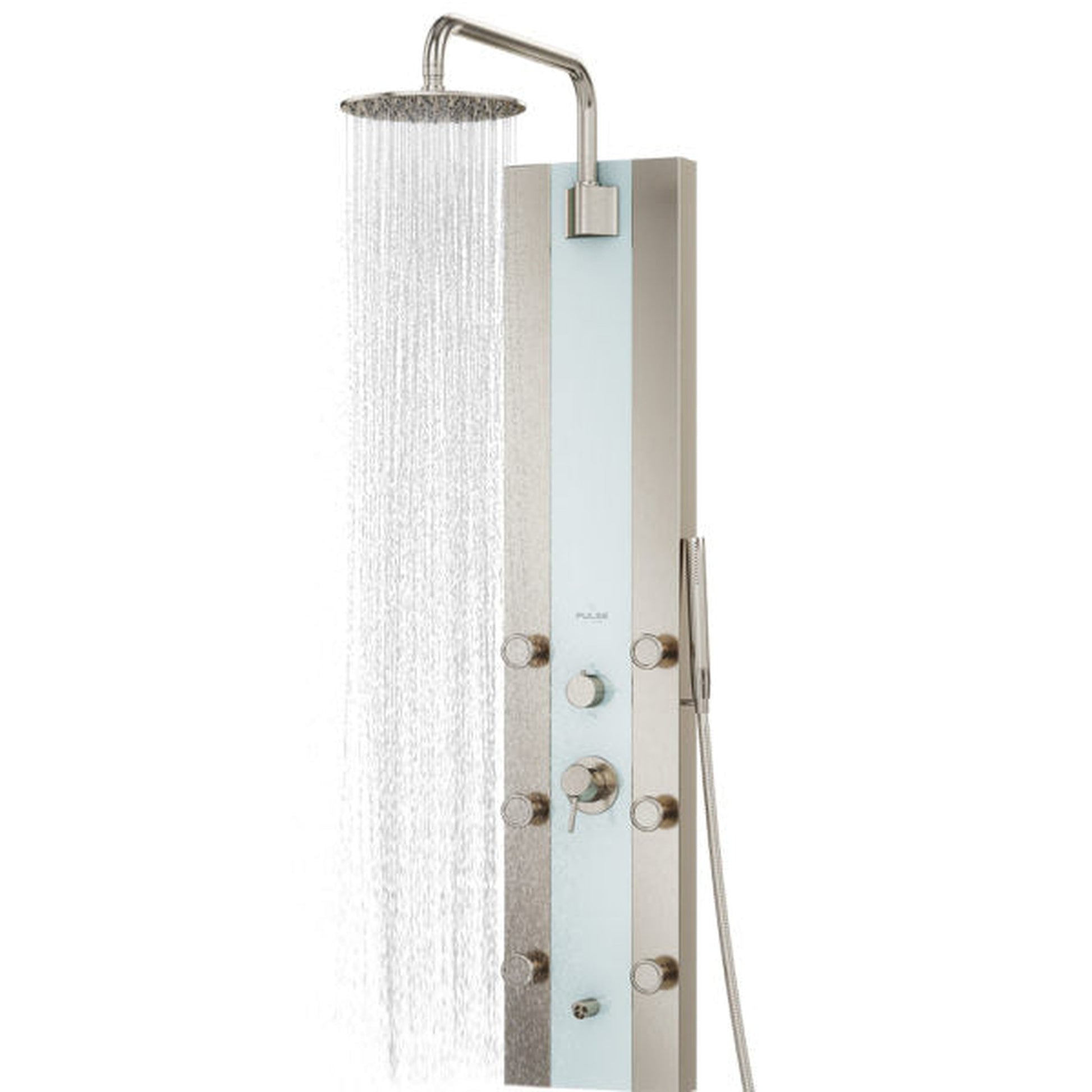 PULSE ShowerSpas Tropicana Brushed Nickel and Soft White Tempered Glass Finish 1.8 GPM Rain Shower Panel With 6-Single Function Body Jets and Hand Shower
