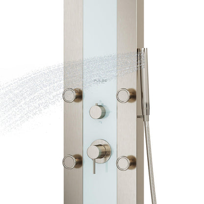 PULSE ShowerSpas Tropicana Brushed Nickel and Soft White Tempered Glass Finish 1.8 GPM Rain Shower Panel With 6-Single Function Body Jets and Hand Shower