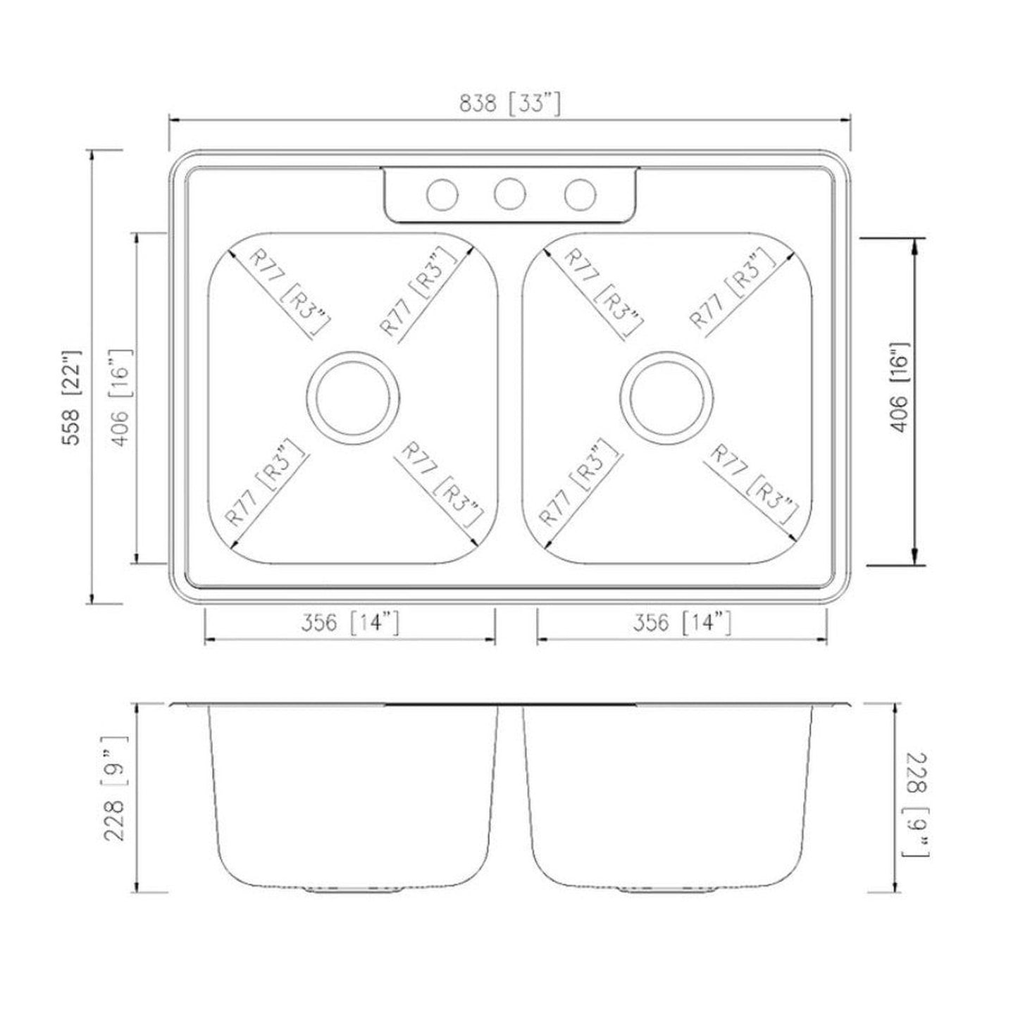Pelican International Signature Series 33" x 22" Stainless Steel Double Bowl Top Mount Kitchen Sink With 3 Faucet Holes