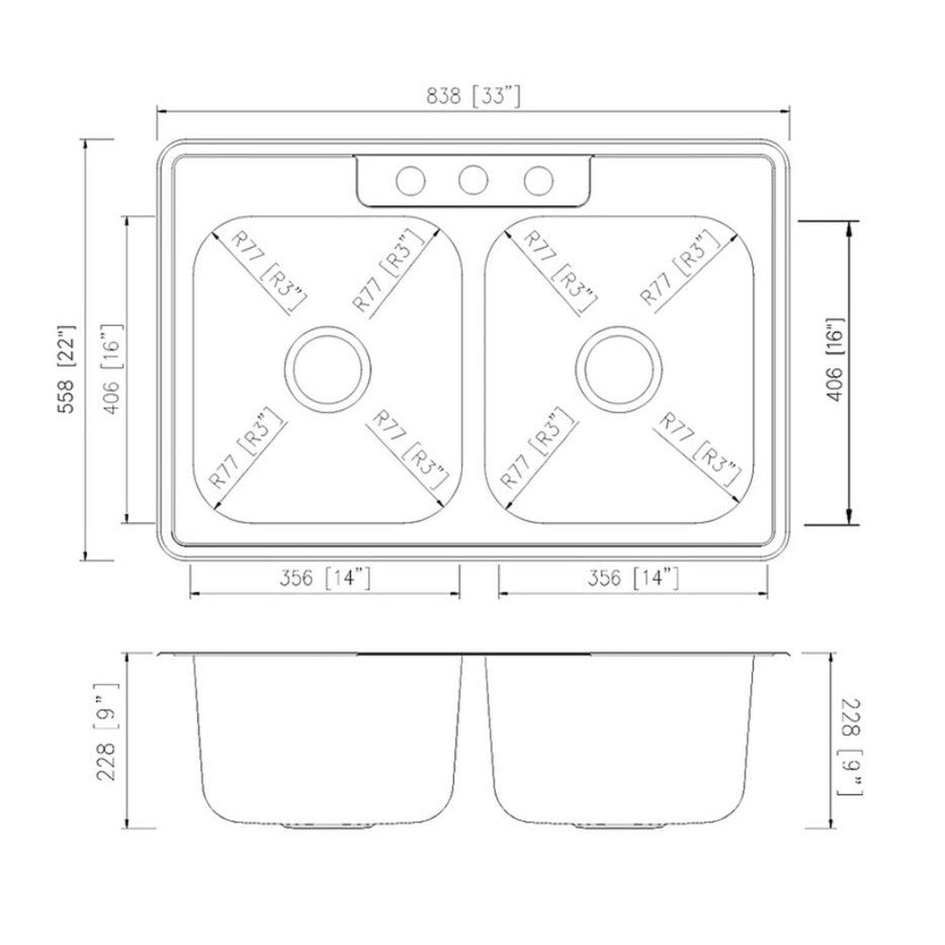 Pelican International Signature Series 33" x 22" Stainless Steel Double Bowl Top Mount Kitchen Sink With 3 Faucet Holes