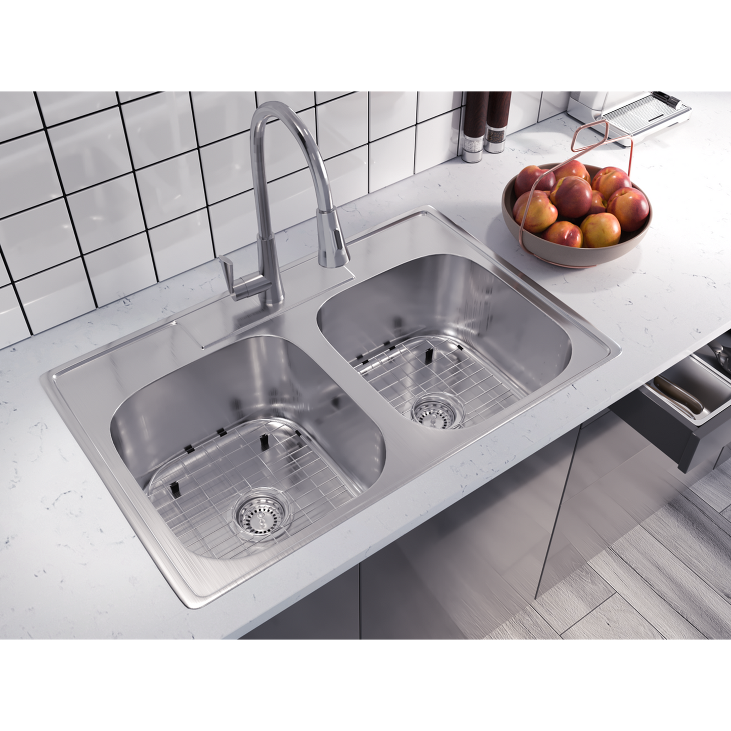 Pelican International Signature Series 33" x 22" Stainless Steel Double Bowl Top Mount Kitchen Sink With Three Faucet Holes