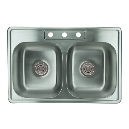 Pelican International Signature Series 33" x 22" Stainless Steel Double Bowl Top Mount Kitchen Sink With Three Faucet Holes