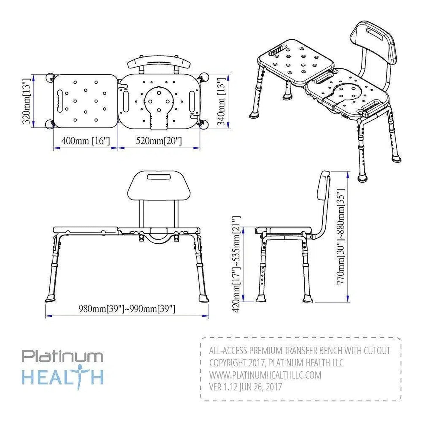 Platinum Health All-Access Blue Bath Transfer Bench with Cutout - Removable Insert