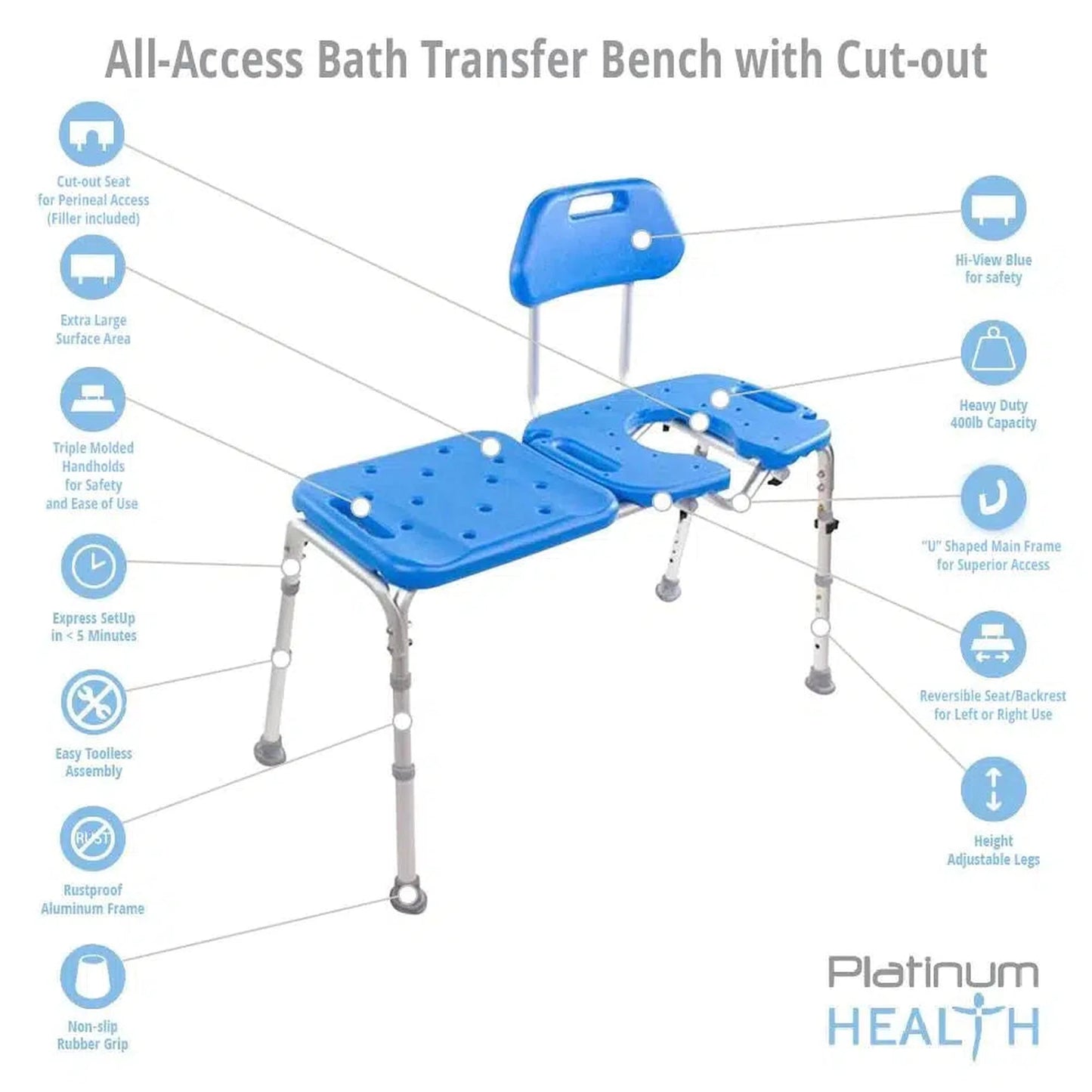 Platinum Health All-Access Blue Bath Transfer Bench with Cutout - Removable Insert