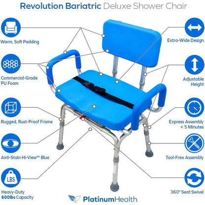 Platinum Health Bariatric Revolution 600lbs Capacity Pivoting Swivel Shower Chair Bathroom Safety with Padded Back and Arms