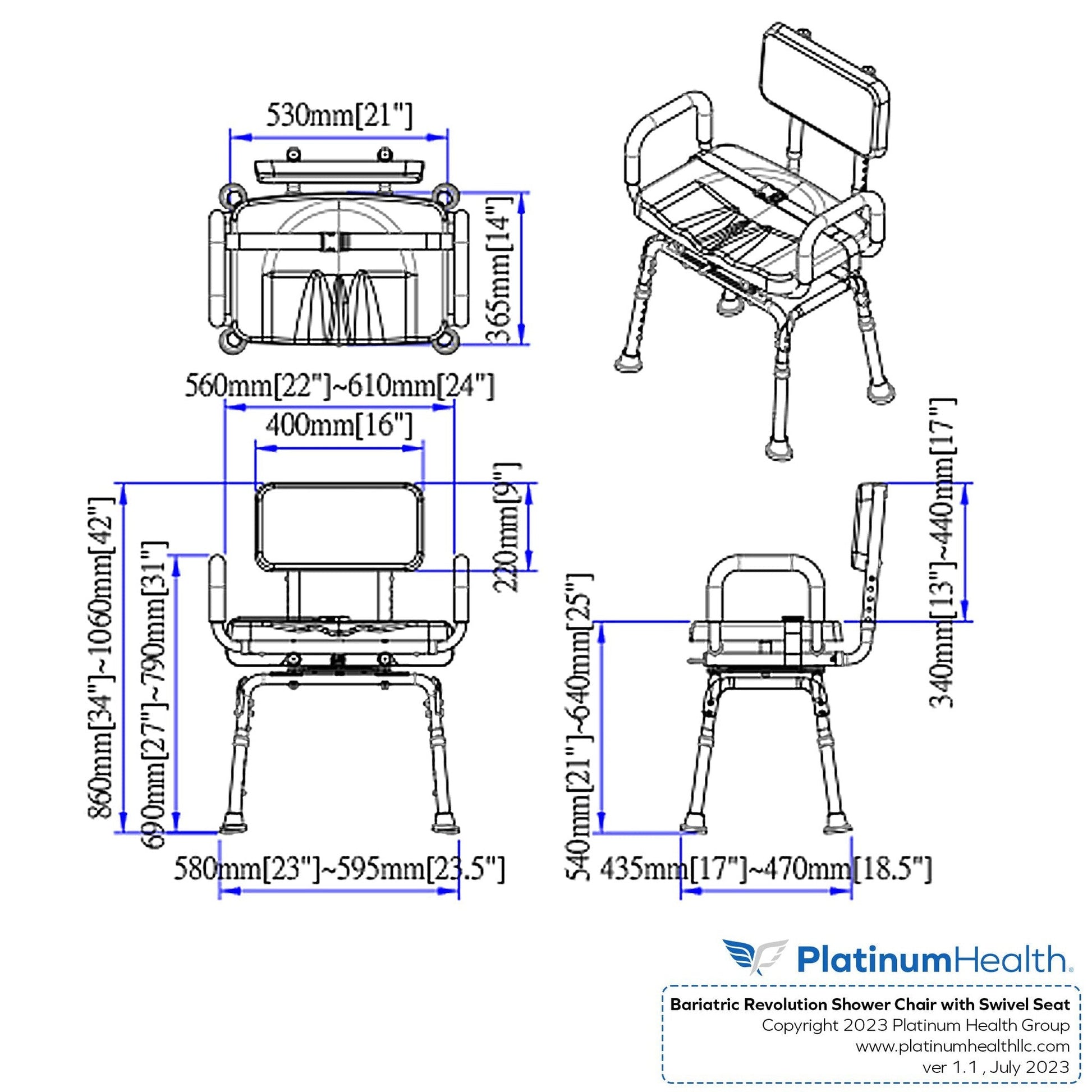 Platinum Health Bariatric Revolution 600lbs Capacity Pivoting Swivel Shower Chair Bathroom Safety with Padded Back and Arms