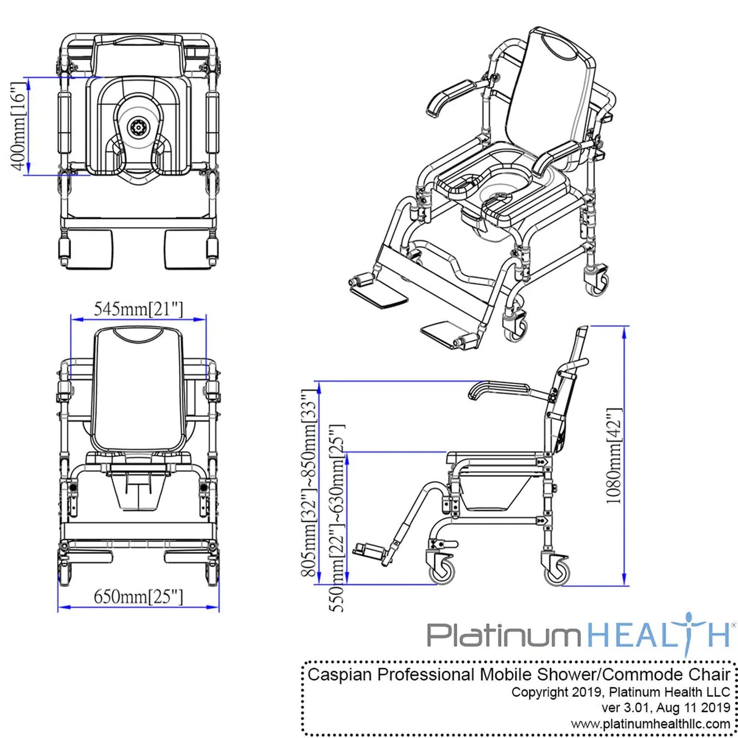Platinum Health Caspian Professional Mobile Commode Chair