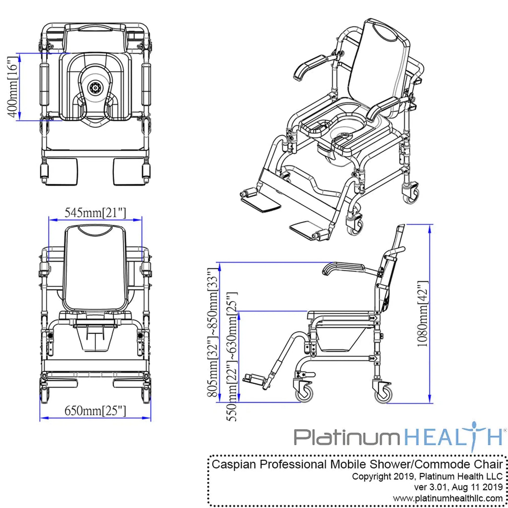 Platinum Health Caspian Professional Mobile Commode Chair