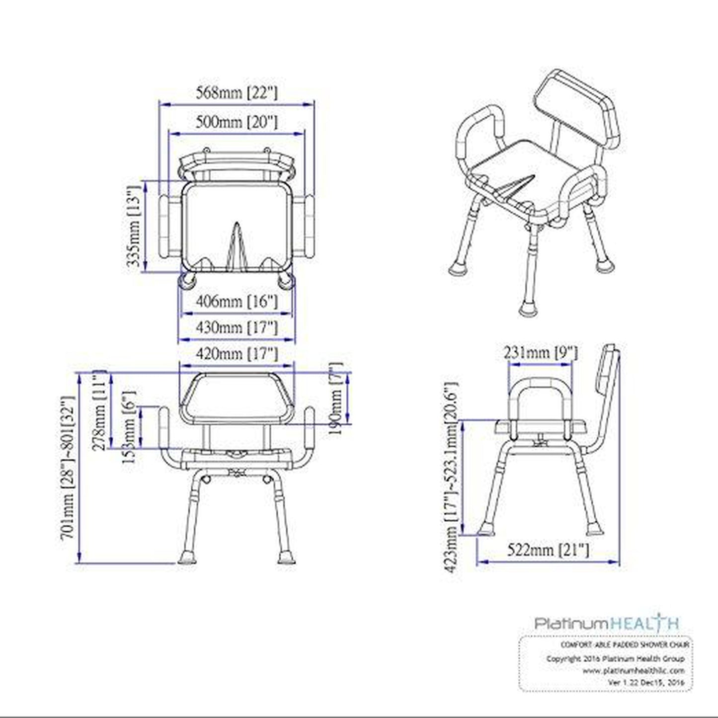 Platinum Health Comfortable Gray Padded Shower Chair with Backrest and Armrests