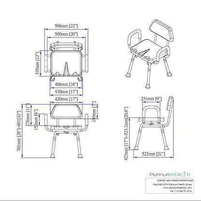 Platinum Health Comfortable Gray Padded Shower Chair with Backrest and Armrests