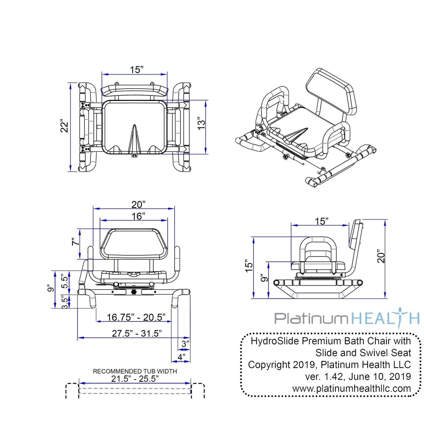 Platinum Health Hydroslide Sliding Bath Chair Bathroom Safety with Swivel Seat