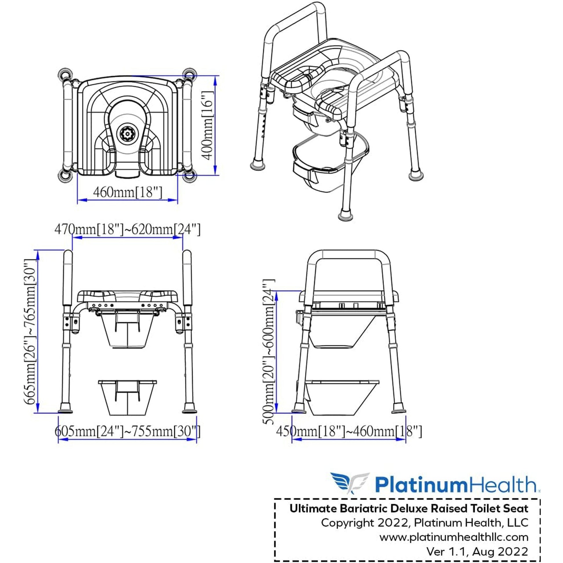 Platinum Health The Ultimate 600lbs Capacity Bariatric Raised Toilet Seat Bathroom Safety with Armrests