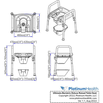 Platinum Health The Ultimate 600lbs Capacity Bariatric Raised Toilet Seat Bathroom Safety with Armrests