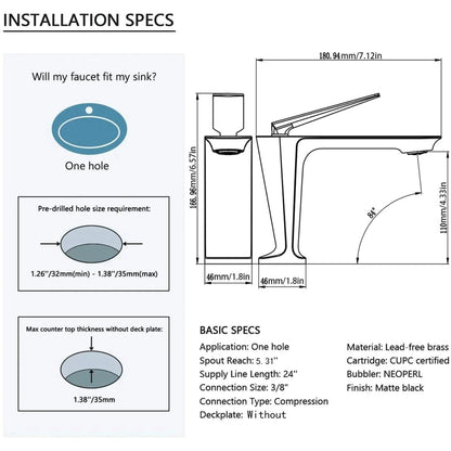 RBROHANT RB0720 Single Hole Black Solid Brass Deck Mounted Bathroom Faucet