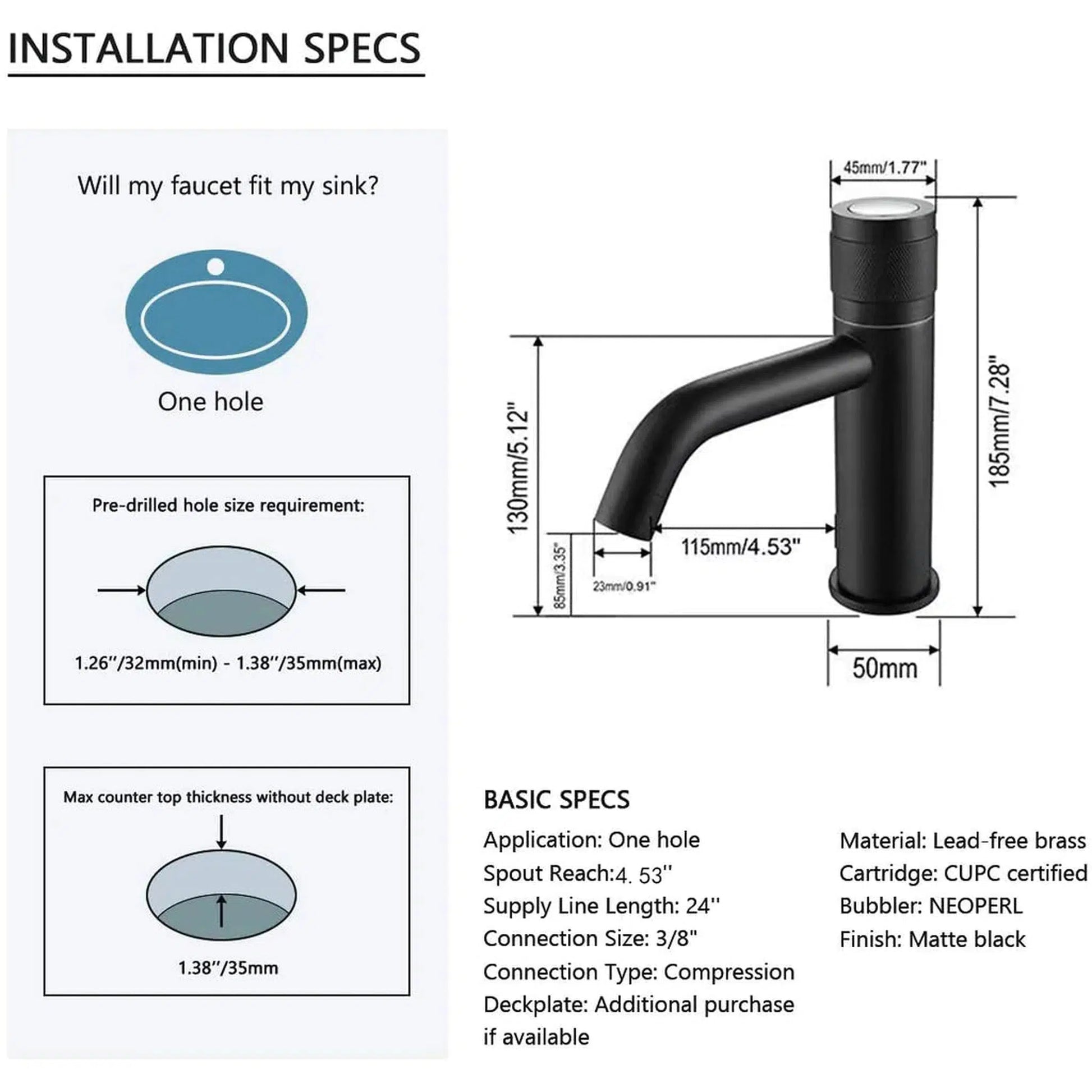 RBROHANT RB0721 Single Hole Matte Black Solid Brass Deck Mounted Bathroom Faucet