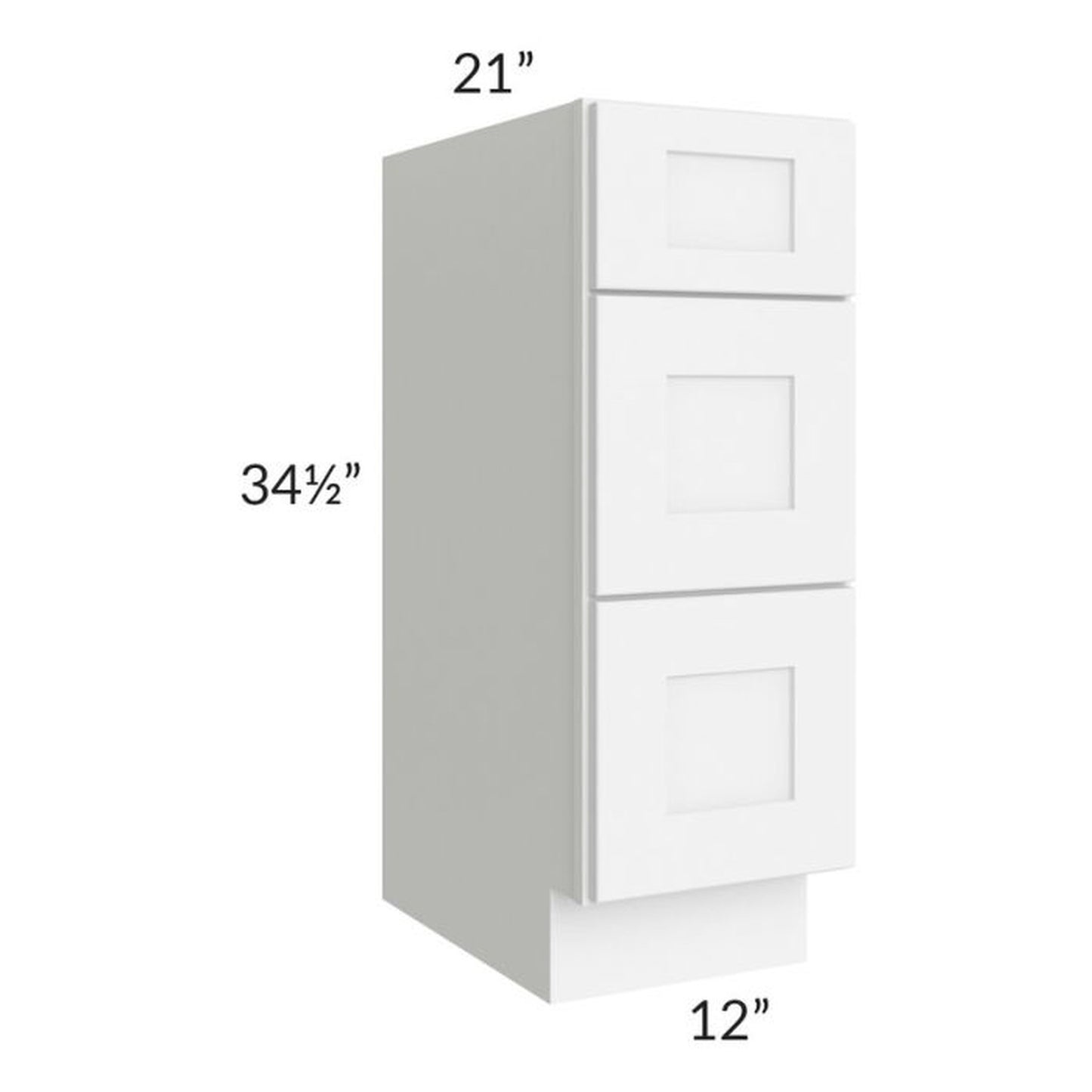 RTA Brilliant White Shaker 12" 3-Drawer Vanity Base Cabinet with 1 Decorative End Panel