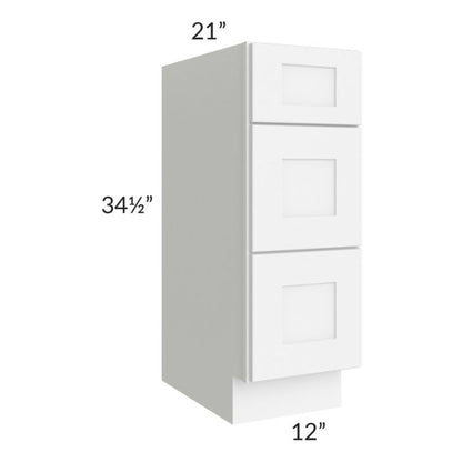 RTA Brilliant White Shaker 12" 3-Drawer Vanity Base Cabinet with 1 Decorative End Panel