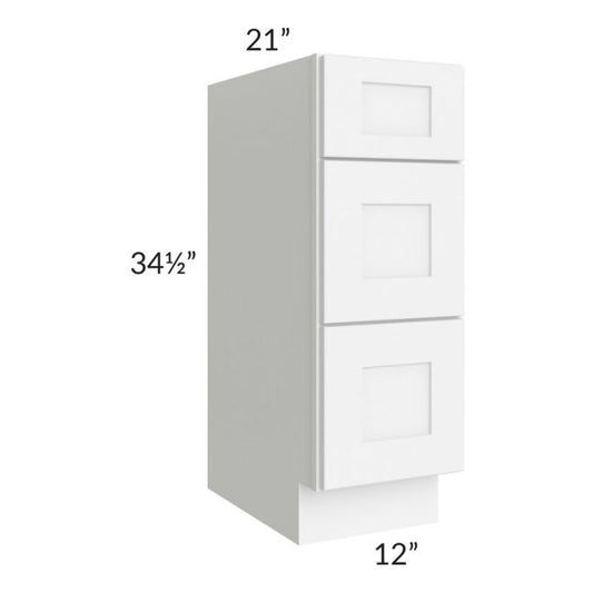 RTA Brilliant White Shaker 12" 3-Drawer Vanity Base Cabinet with 1 Decorative End Panel