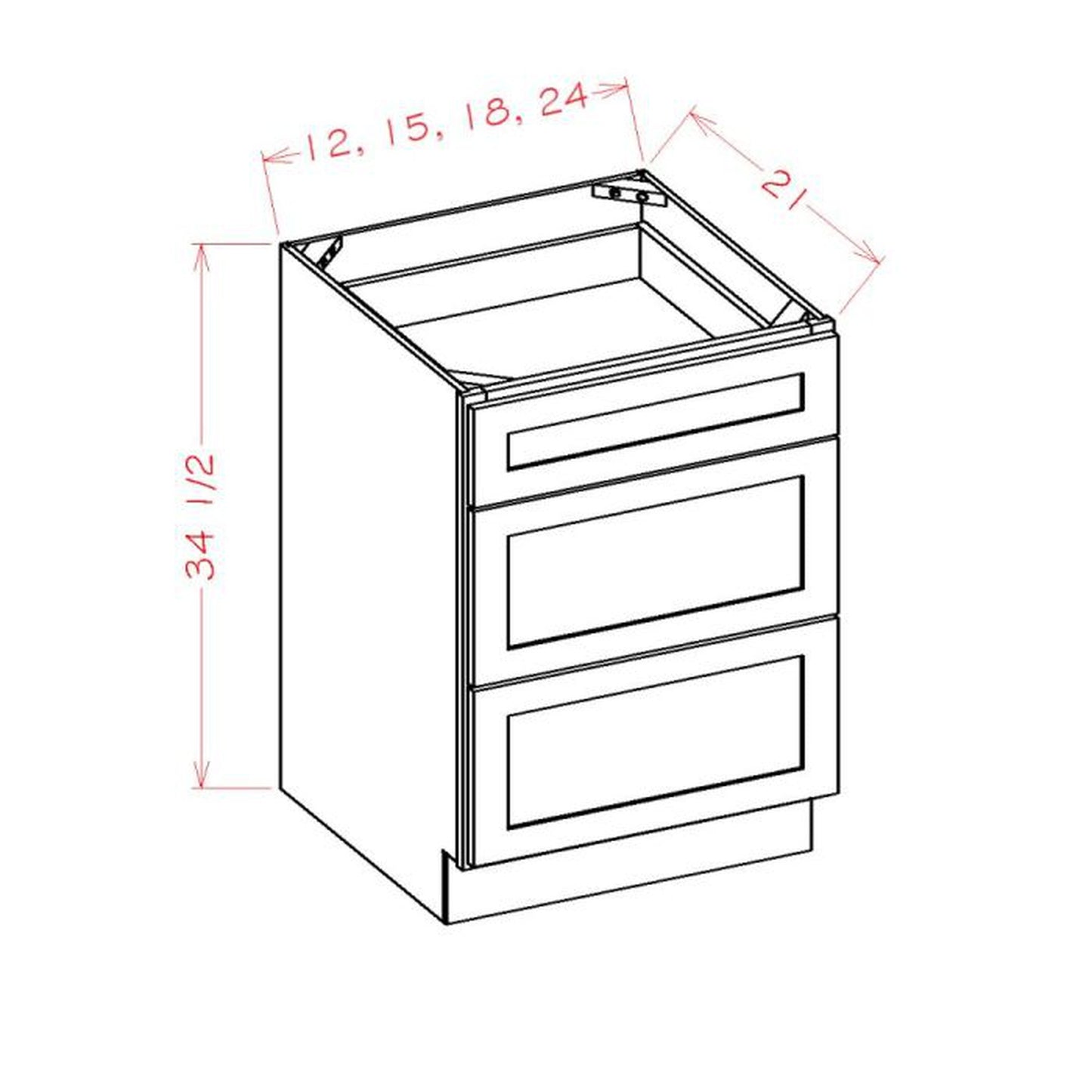 RTA Brilliant White Shaker 24" 3-Drawer Vanity Base Cabinet with 1 Decorative End Panel