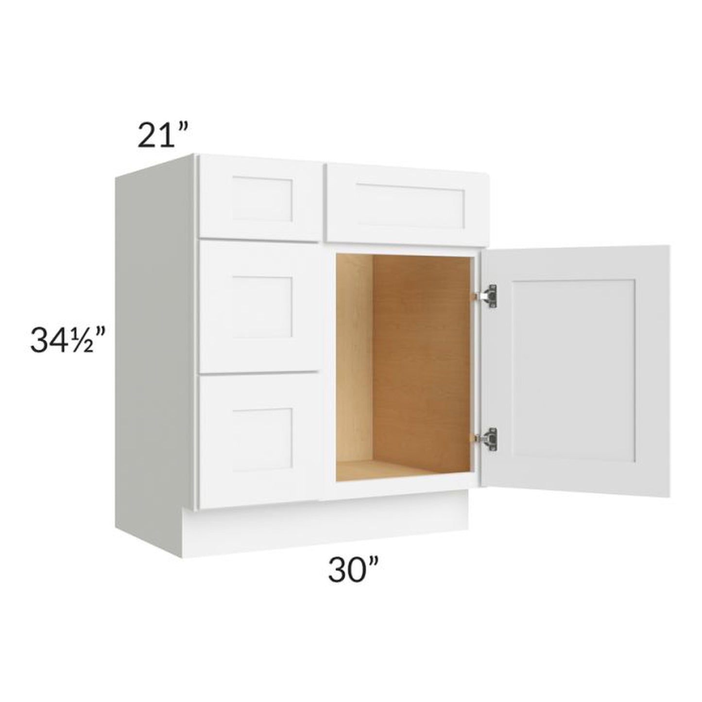 RTA Brilliant White Shaker 30" Vanity Base Cabinet (Drawers on Left) with 1 Decorative End Panel