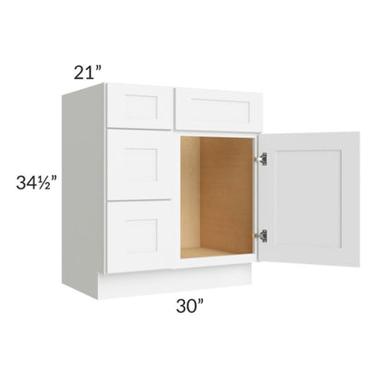 RTA Brilliant White Shaker 30" Vanity Base Cabinet (Drawers on Left) with 1 Decorative End Panel