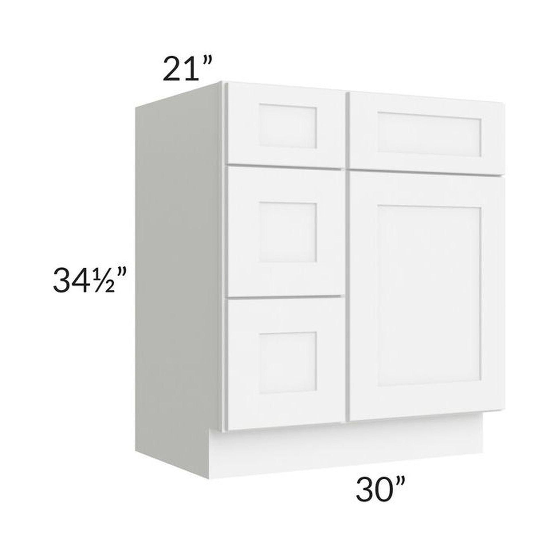 RTA Brilliant White Shaker 30" Vanity Base Cabinet (Drawers on Left) with 2 Decorative End Panels