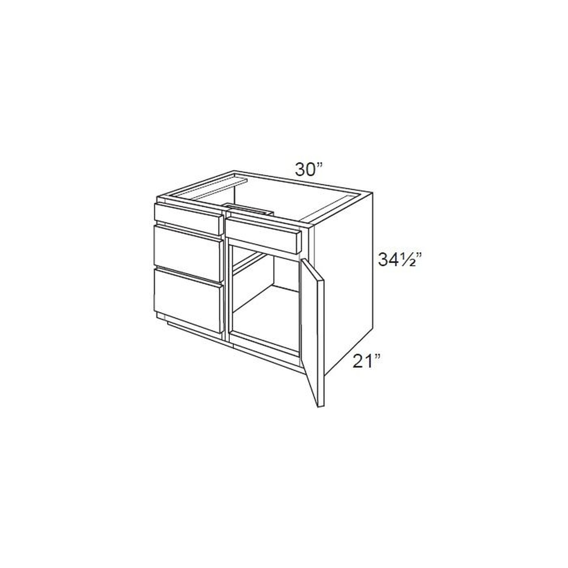 RTA Brilliant White Shaker 30" Vanity Base Cabinet (Drawers on Left) with 2 Decorative End Panels