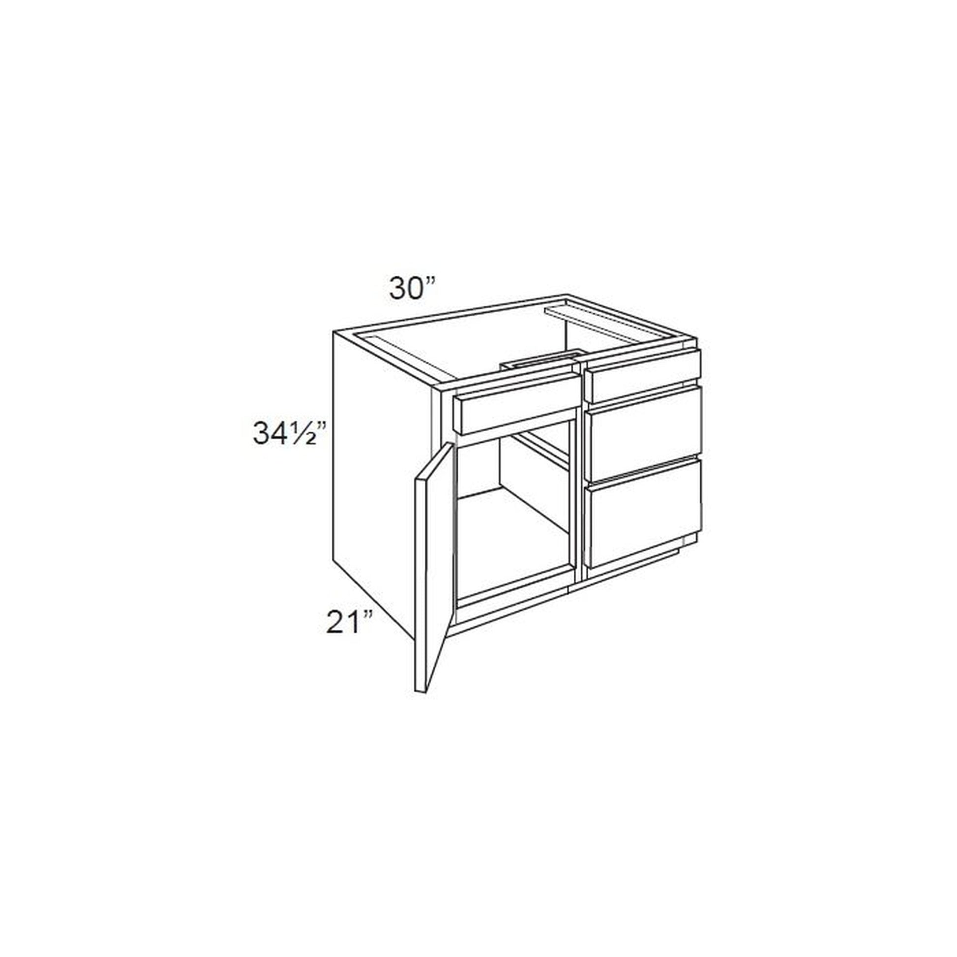 RTA Brilliant White Shaker 30" Vanity Base Cabinet (Drawers on Right)