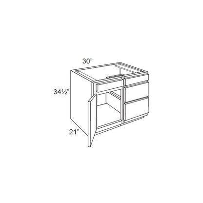 RTA Brilliant White Shaker 30" Vanity Base Cabinet (Drawers on Right)