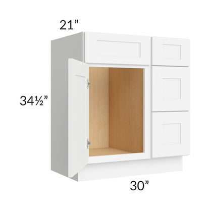 RTA Brilliant White Shaker 30" Vanity Base Cabinet (Drawers on Right) with 1 Decorative End Panel