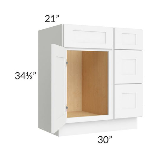 RTA Brilliant White Shaker 30" Vanity Base Cabinet (Drawers on Right) with 1 Decorative End Panel